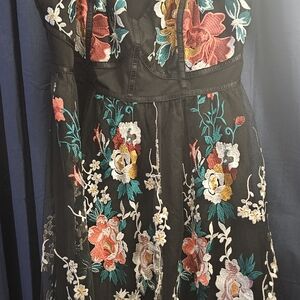Torrid Black Mesh Dress with Teal & White Floral Embroidery